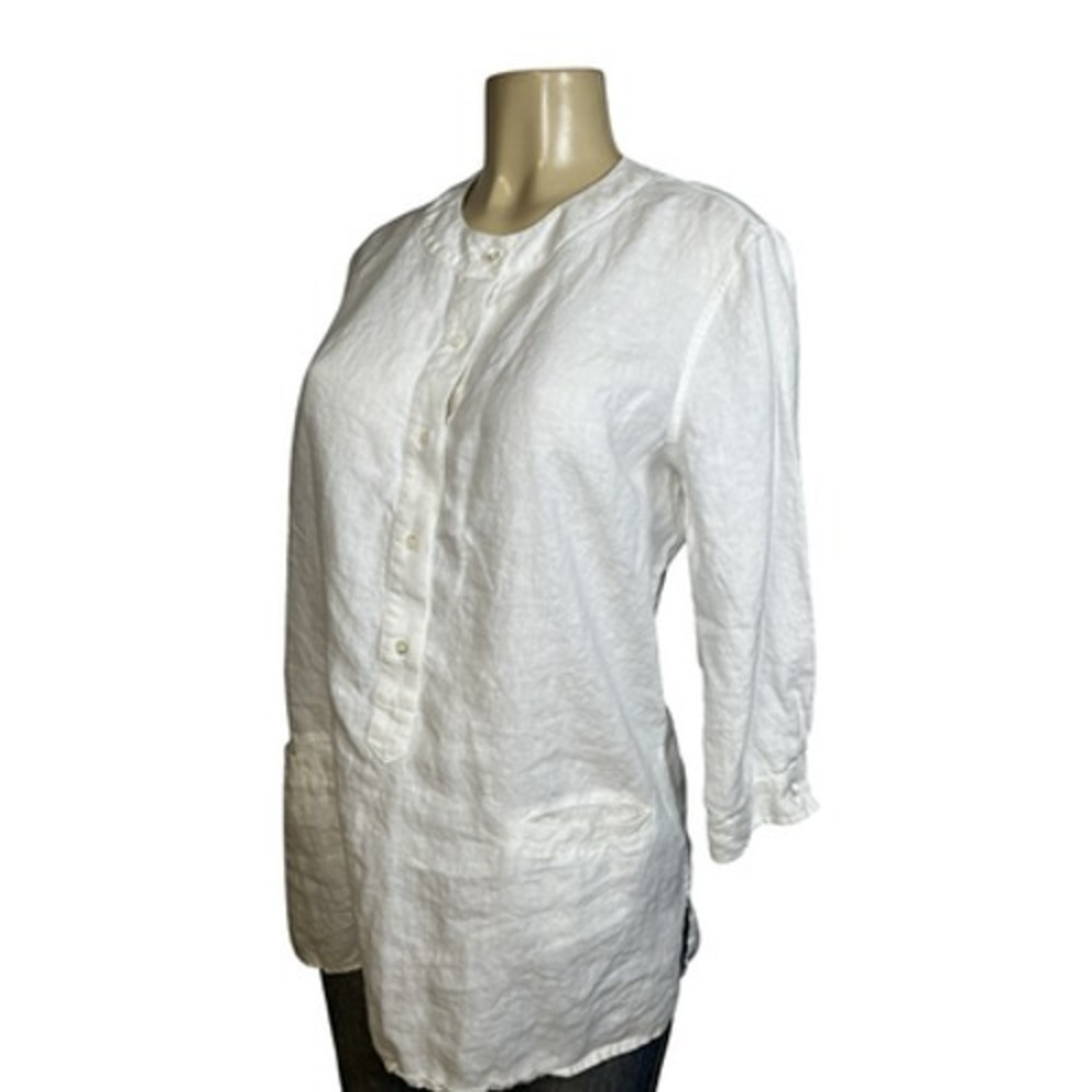 J. McLaughlin Blouse Womens Large White Linen Henley Tunic Top Pockets‎ Casual